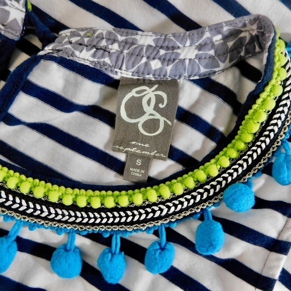 Anthropologie ONE SEPTEMBER Striped Tank Top Pom Poms Navy White Boho Small - Picture 10 of 13